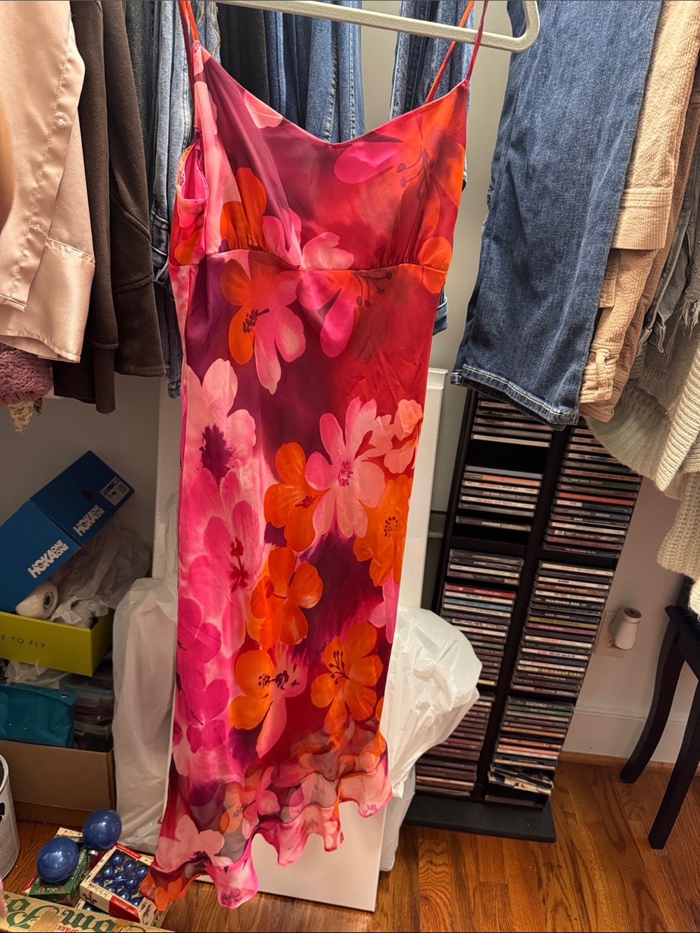 90’s Asymmetrical dress Floral Pink & Orange Slip Dress